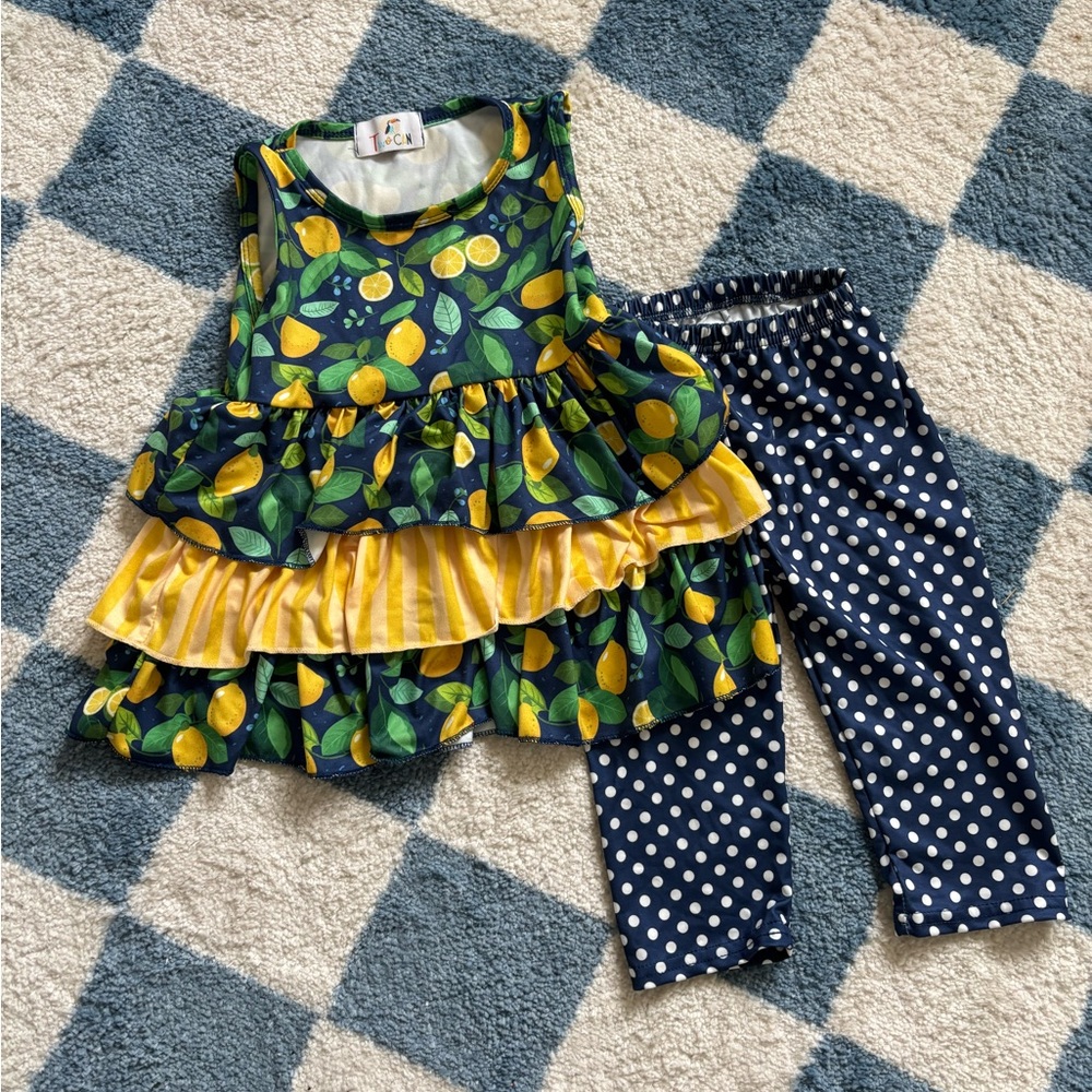 Twocan limited edition Lemon Print Ruffle Top and Polka Dot Leggings Set in 3T